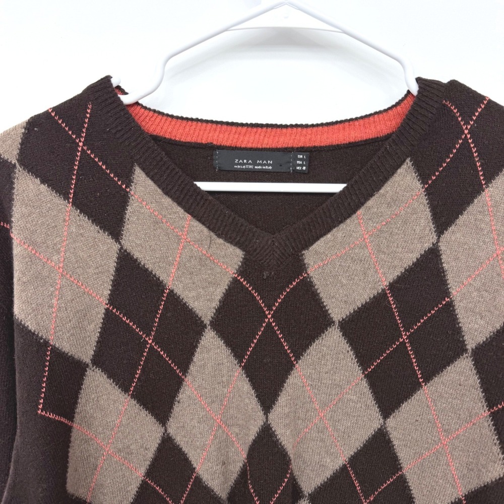 Zara Man Sweater Mens Large Brown Argyle V-Neck Long Sleeve Pullover Italy